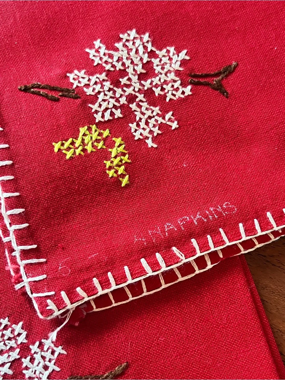 Vintage Tablecloth and 4 Napkin Set 33”Square Red Embroidered Flowers MCM